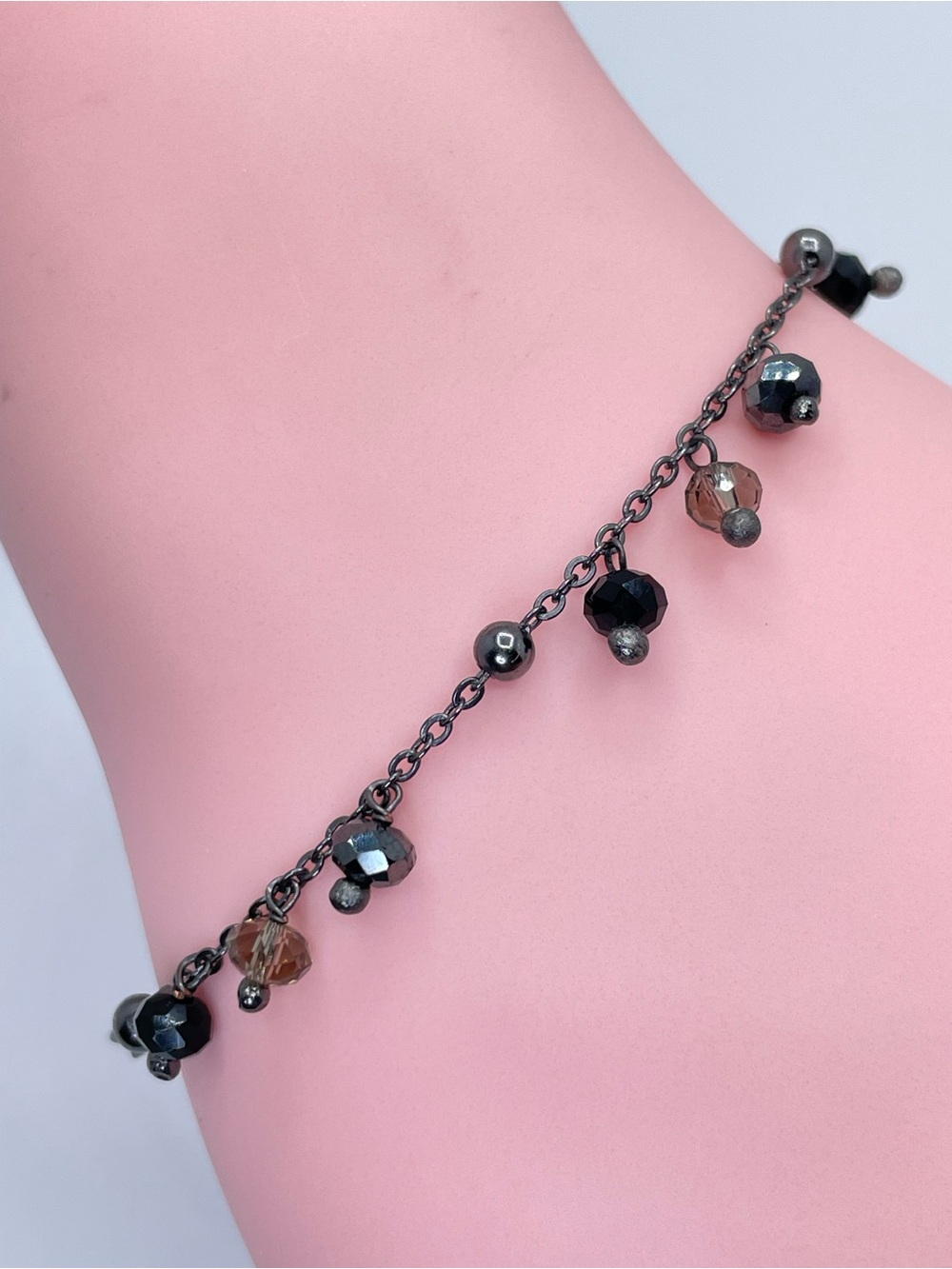 Nina Fiori Gunmetal Crystal Dangle Charm Bracelet Black Gray Boho Chic Dainty
